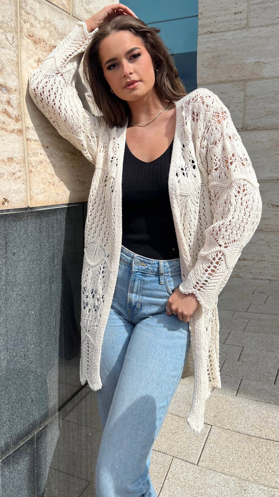 1-A0938 Cream Crochet Cardi