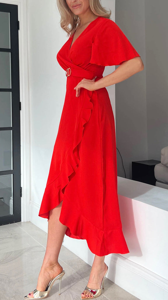 A0841 Quinn Tomato Faux Wrap Dress