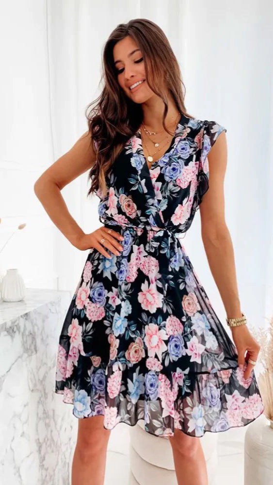 A0830 - (SIZES 8,10 ONLY) - Black Floral Flounce Dress