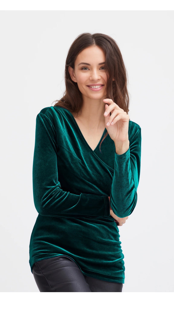 A1213 Velour Green Faux Wrap Top