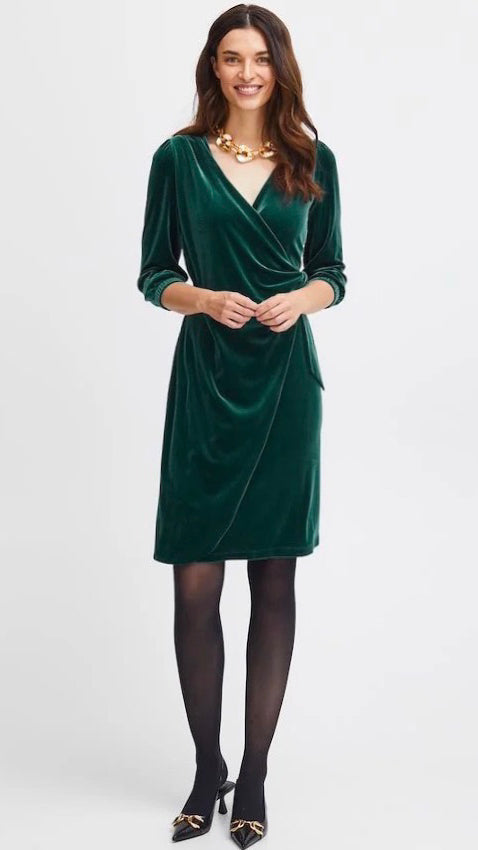 5-A1210 Velour Faux Wrap Dress Green