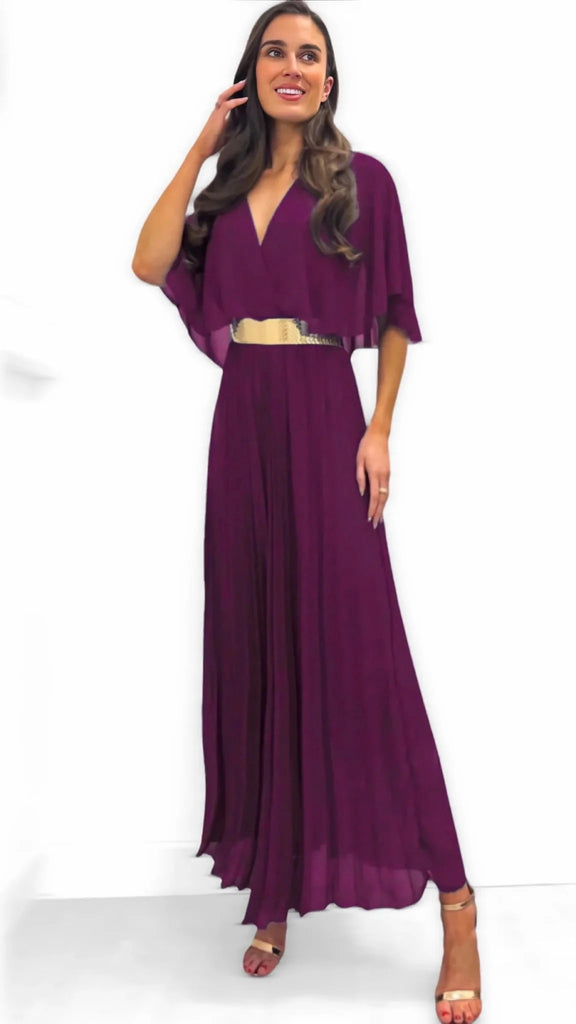 A1011 Magenta Cape Pleat Dress