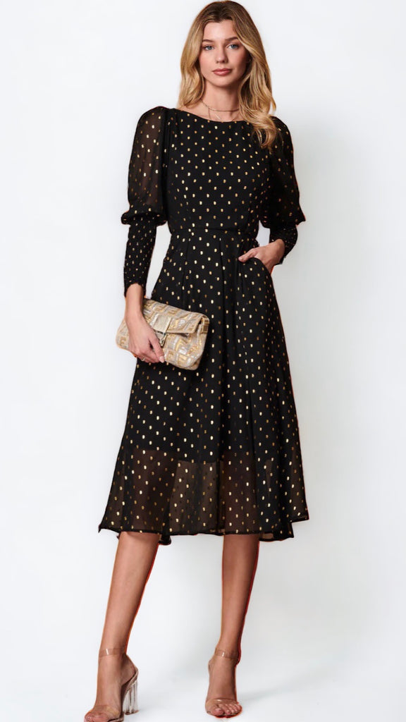 A1136 Metallic Puff Sleeve Dress