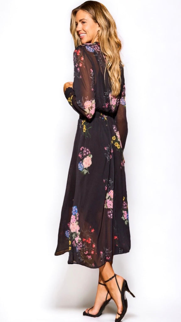 5-A1335 Aika Black Floral Chiffon Dress