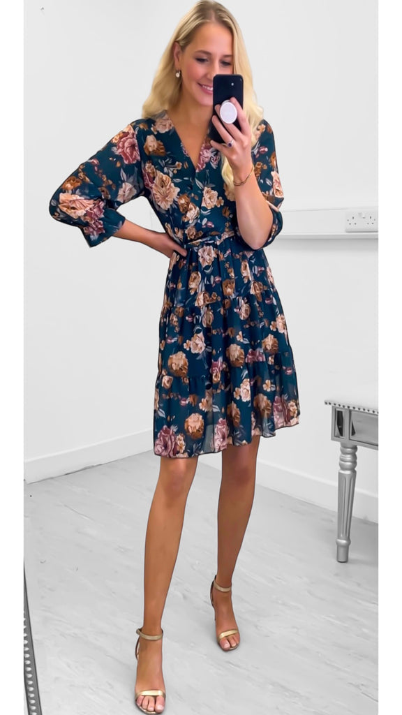 1-A0955 Brighton Teal Print Flounce Dress