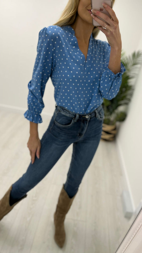 1-A0676 Blue Polka Print Top