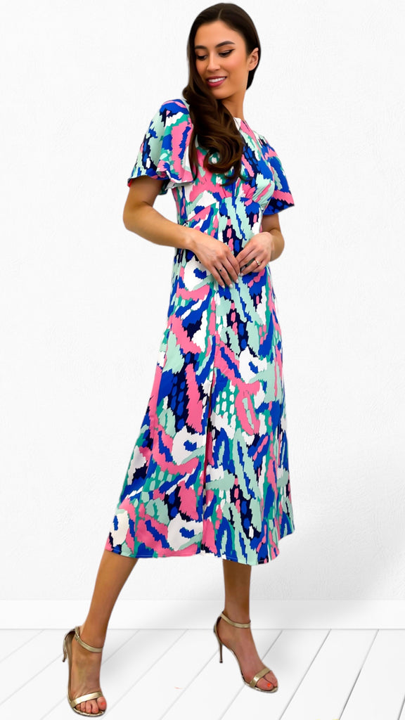 A0810 - (SIZE 14 ONLY) - Serena Blue Splash Midi Dress