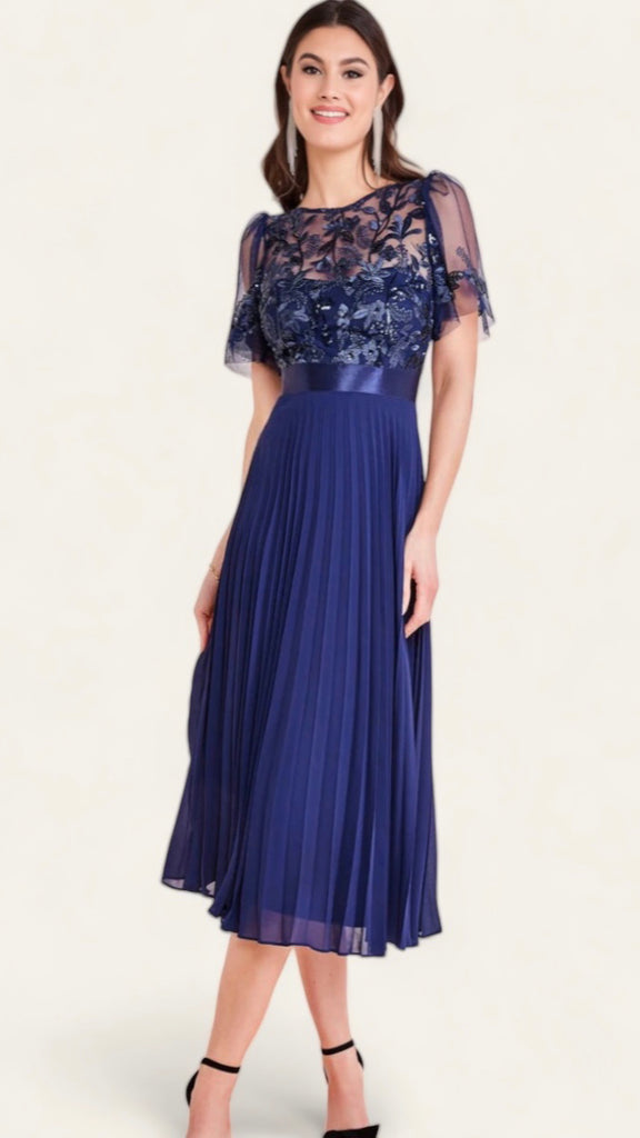 5-A1265 Navy Embroidered Bodice Dress