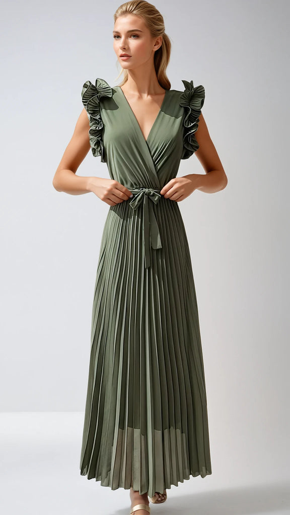 A2629 Khaki Ruffle Pleat Dress