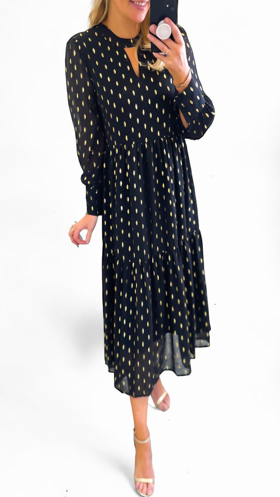 A1195 Lia Black/Gold Smock Midi Dress