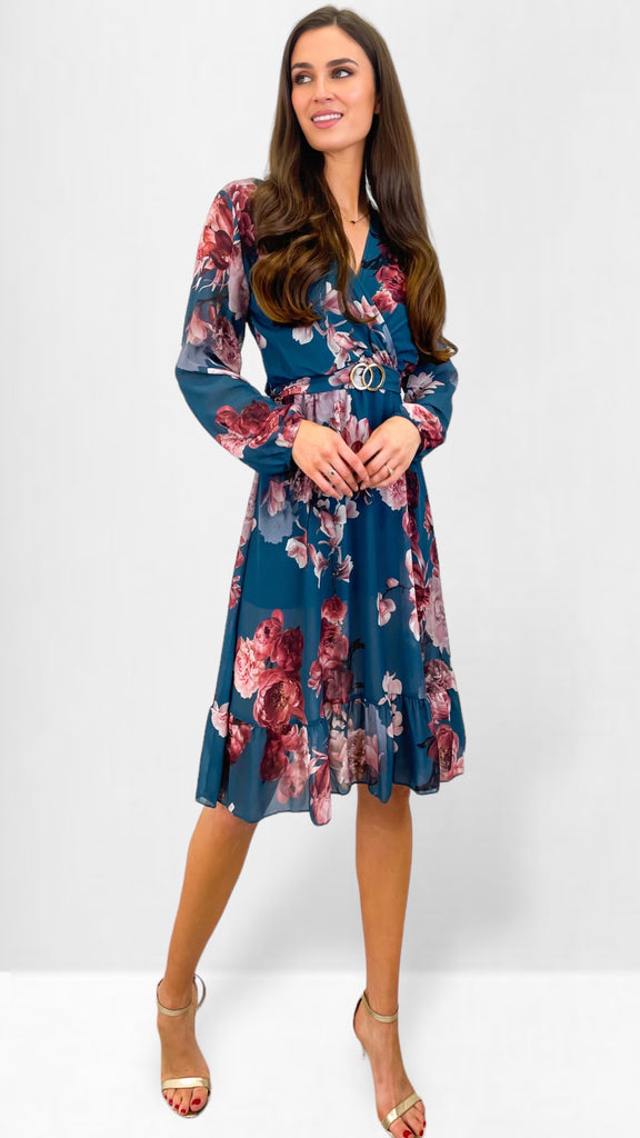 A1014 Teal Floral Andrea Dress