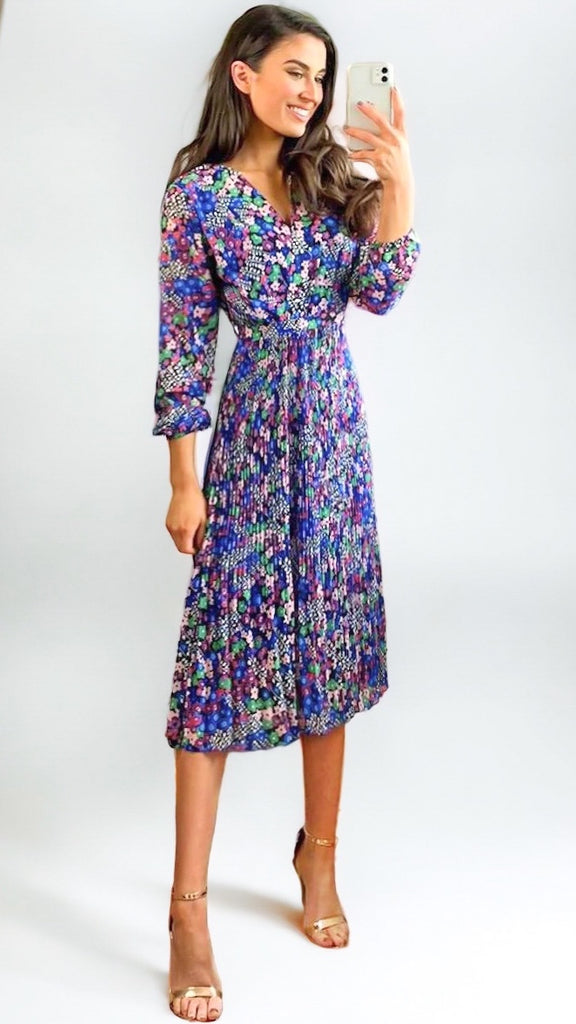 1-A0933 Kimberley Multi Floral Pleat Dress