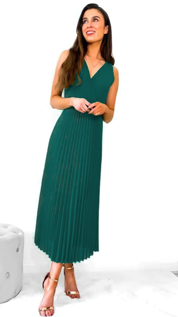 1-A0966 Dk Green 2 Way Pleat Dress