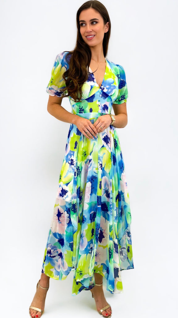 A0888 Blue Multi Hi Lo Designer Vibe Dress
