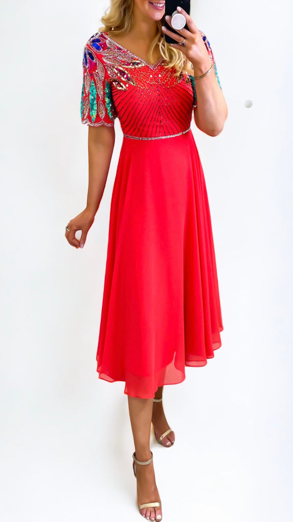 A0848 Coral Orange Embellished Dress