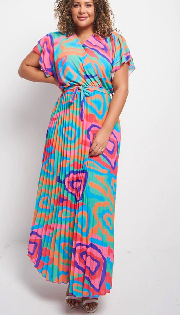 1-A0870 Cypress Vibrant Print Pleat Dress (Plus)