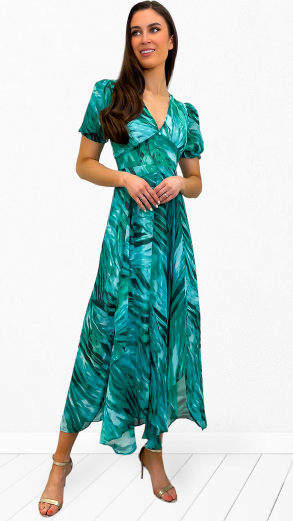 1-A0796 Green Print Hi Lo Designer Vibe Dress