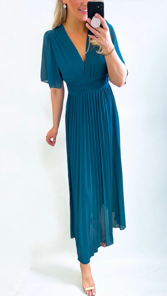 A0931 Teal Floaty Sleeve Pleat Dress