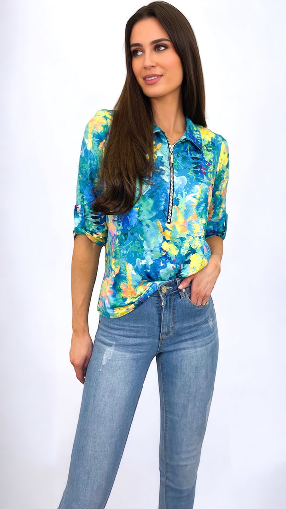 A0937 Turquoise Multi Print Top