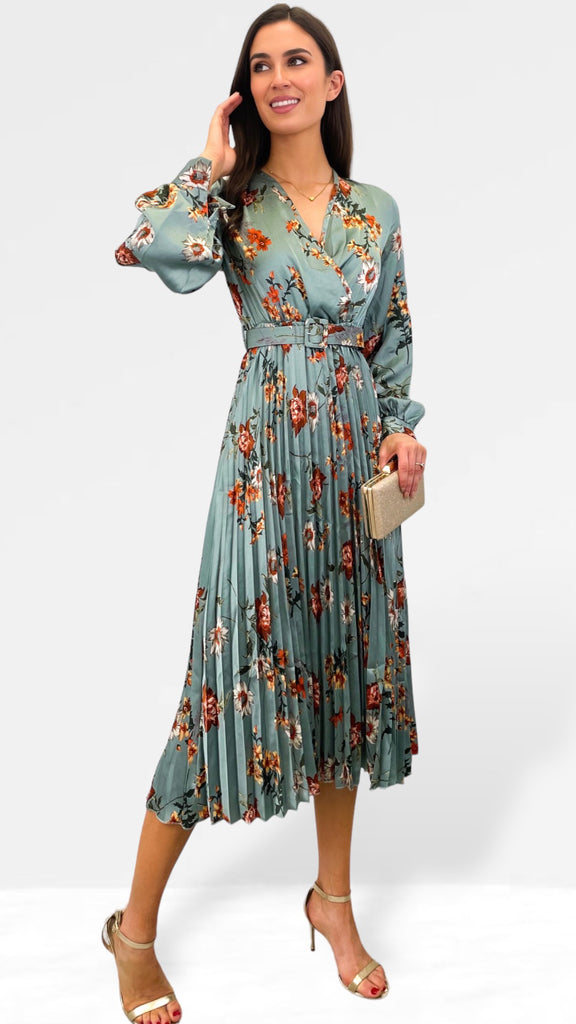 A0991 Sage Floral Pleat Dress
