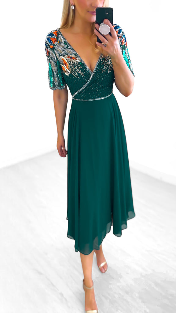 A1038 Dark Green Embellished Flare Dress