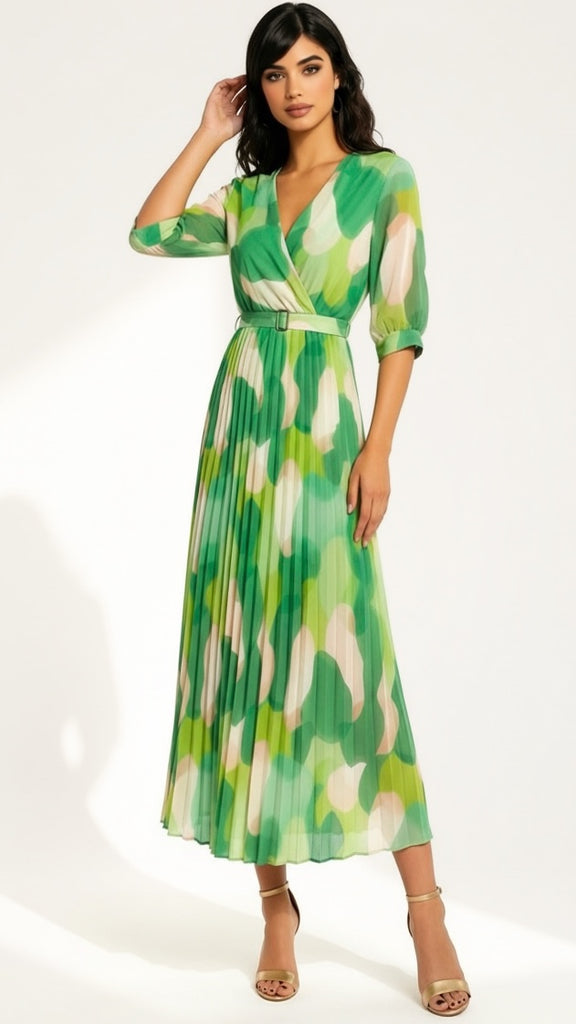 A2972 Polly Green Print Pleat Dress