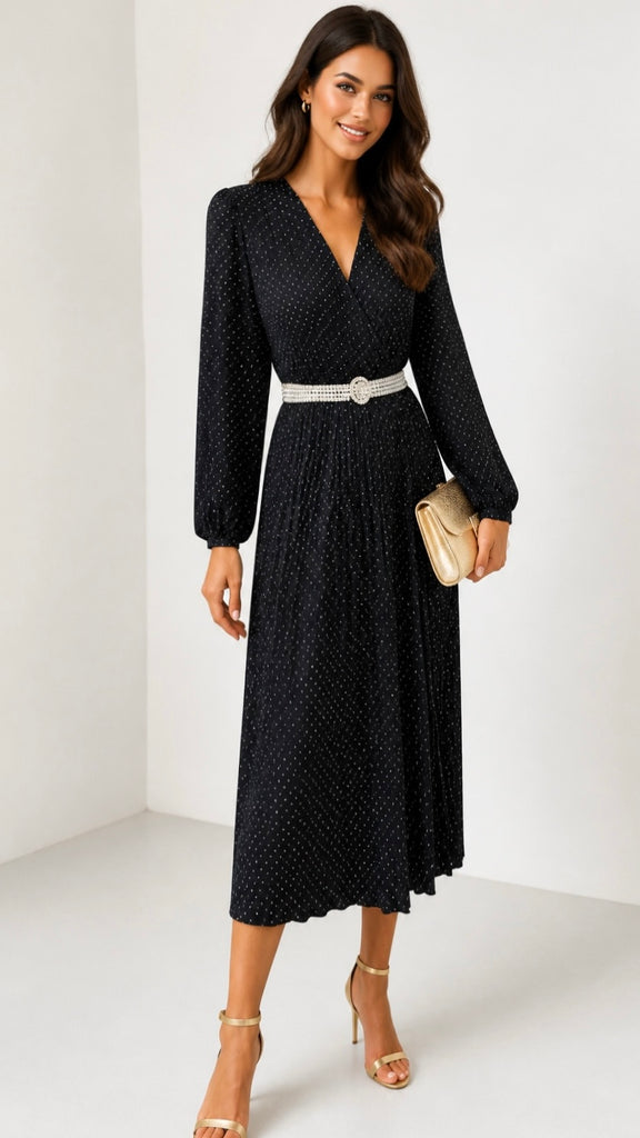 A3268 Black Sparkle Velvet Pleat Dress