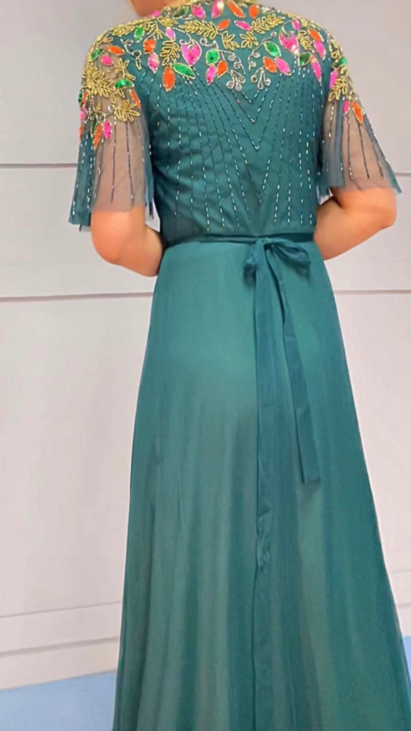 A2983 Green Embellished Wrap Dress