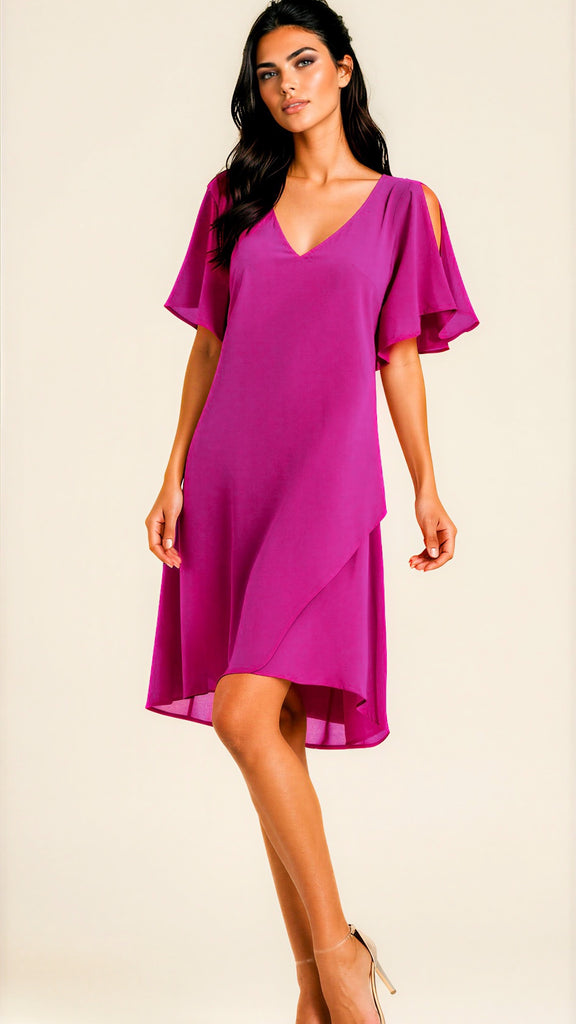 A3144 Magenta Cold Shoulder Shift Dress