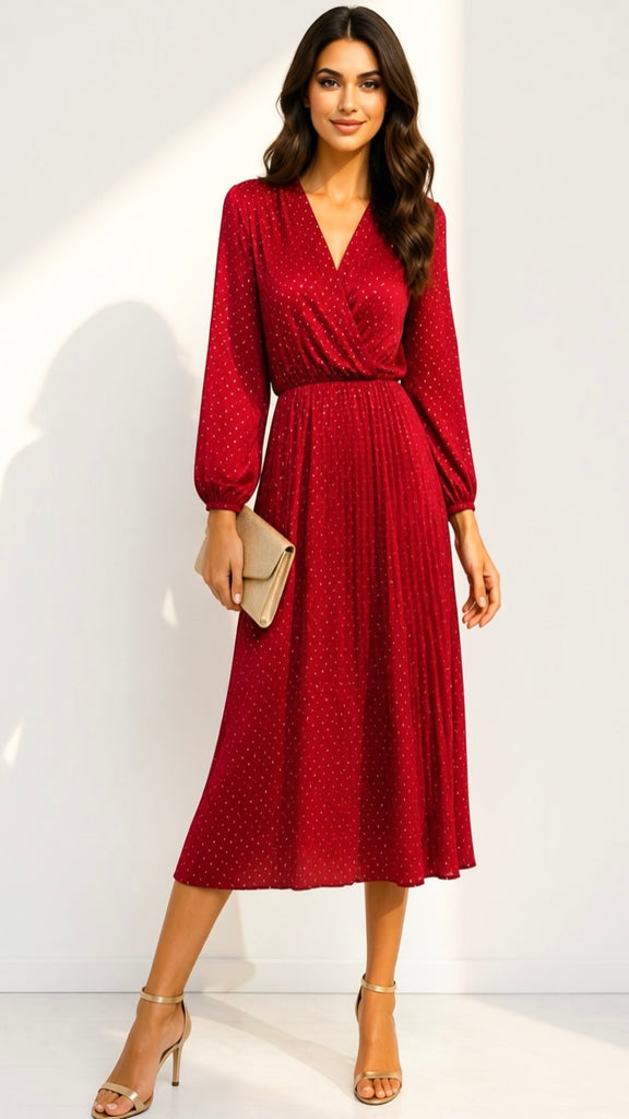 A3269 Ruby Sparkle Velvet Pleat Dress