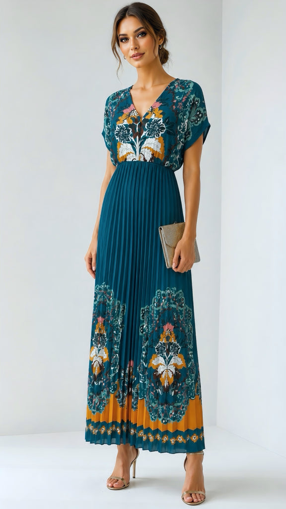 A3190 Meggy Teal Print Pleat Dress