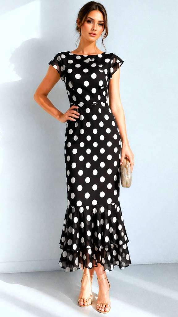 A3193 Roxy Black Dotty Frill Dress