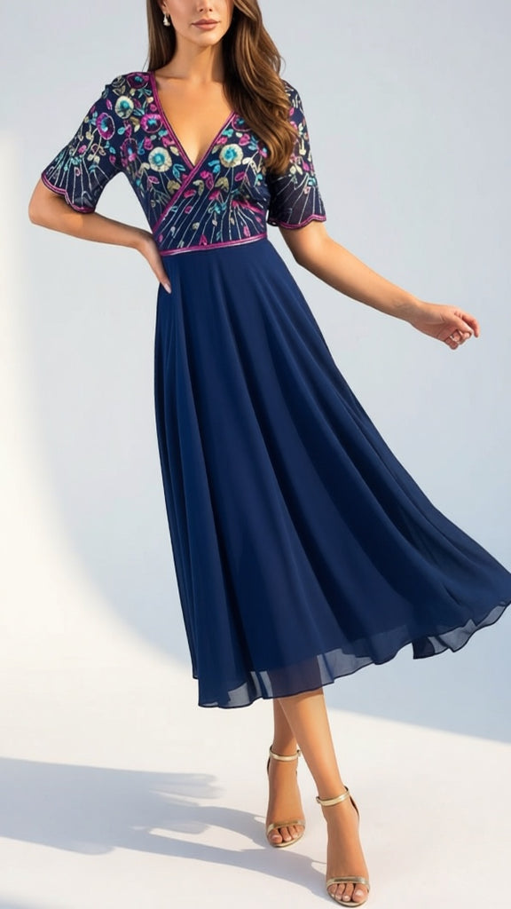 2-A2878 Charlene Navy Embellished Dress
