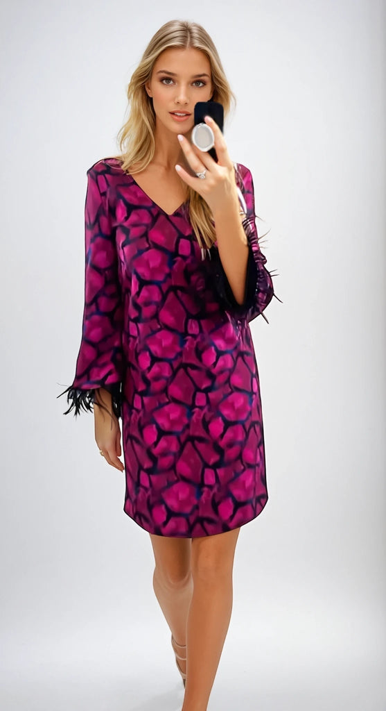 A2540 Celeste Magenta Shift Feather Dress