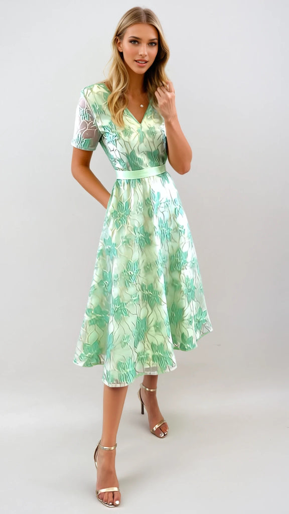 4-A2432 Meredi Mint Brocade Flare Dress