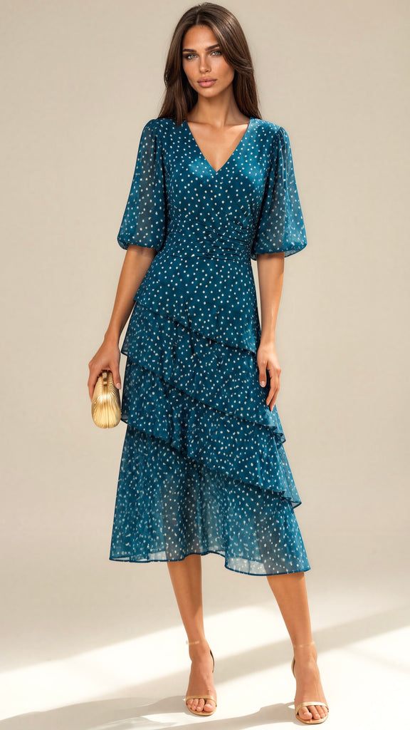 A3209 Camilla Teal Dotty Layered Dress