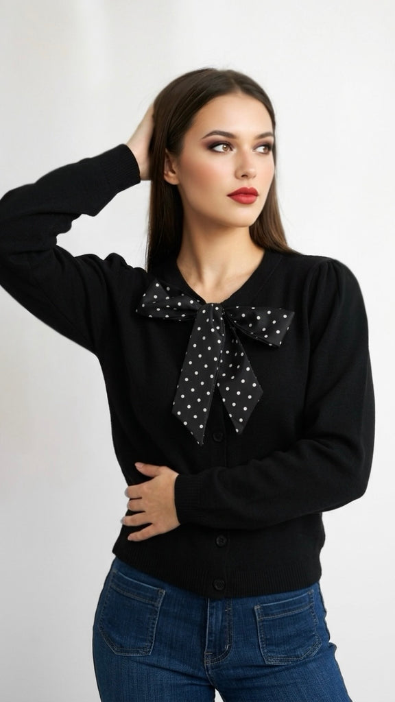A3219 Black Fine Knit Bow Cardi