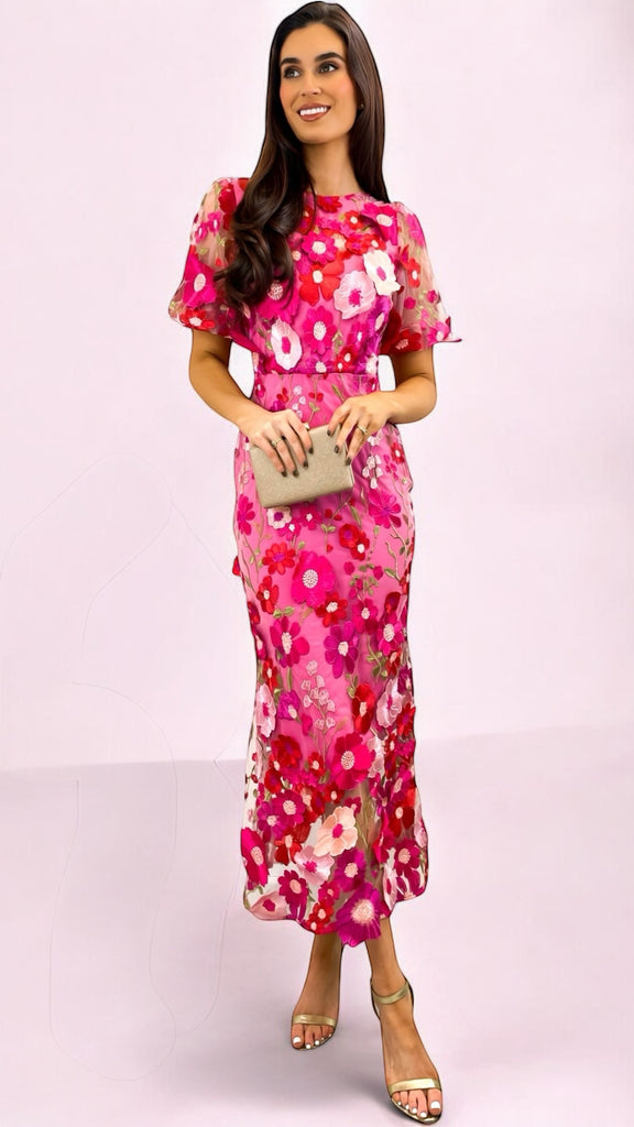 4-A2357 Debra Pink Multi 3D Floral Dress