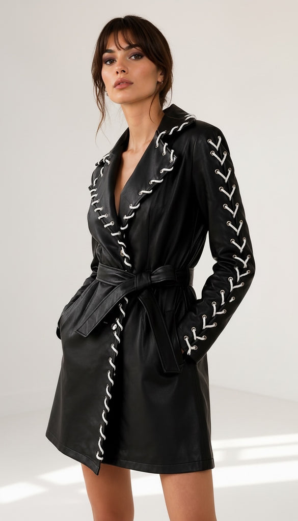 A3170 Lace Detail Faux Leather Coat Black