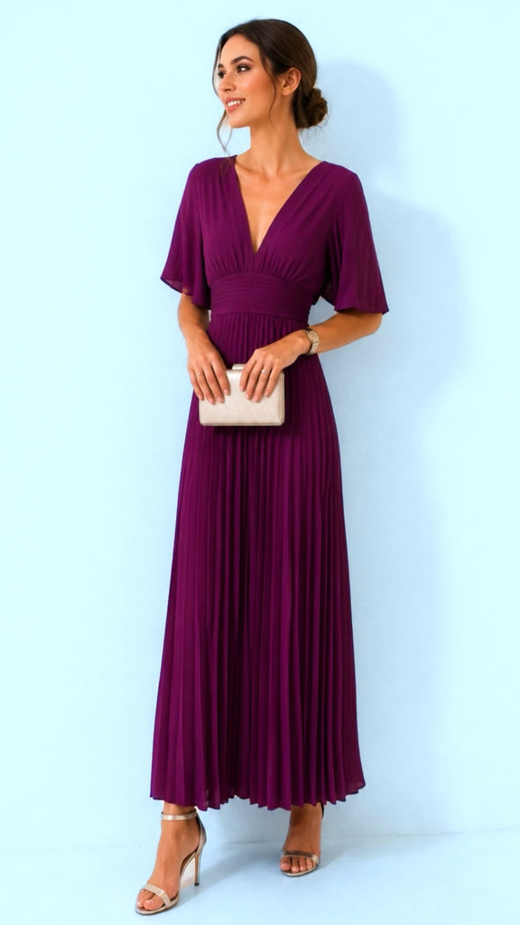 A3169 Magenta Floaty Sleeve Pleat Dress