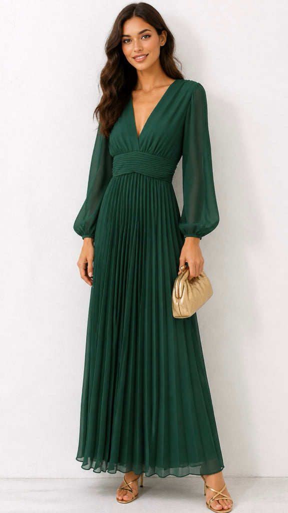 A3252 Chelle Green Pleated Dress