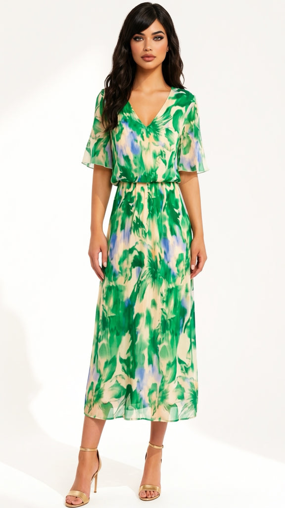 A2965 Veneda Green Print Loose Top Dress