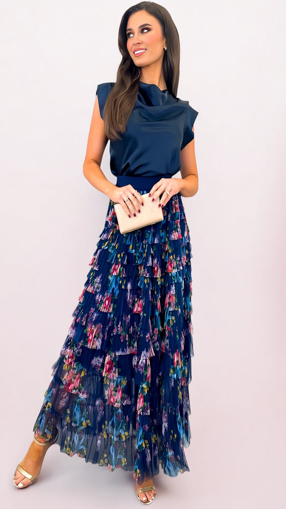 A2603 Navy Multi Tulle Ruffle Maxi Skirt