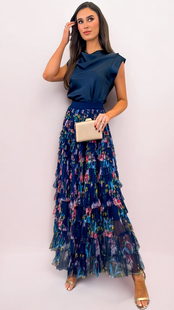 A2603 Navy Multi Tulle Ruffle Maxi Skirt