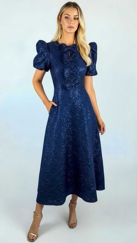 A2675 Emmy Navy Brocade Flare Dress
