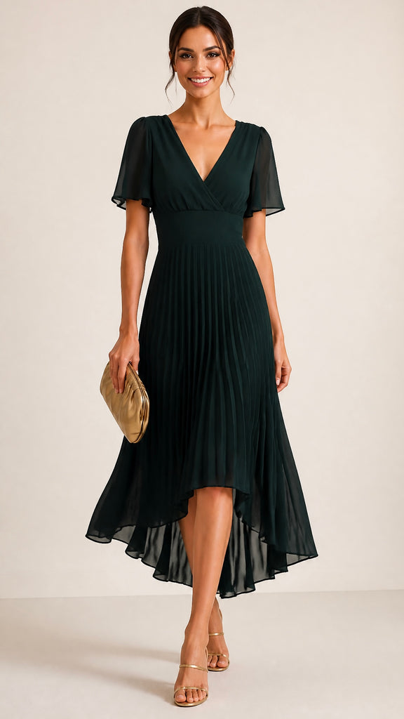A3205 Trixie Green Chiffon Pleat Dress