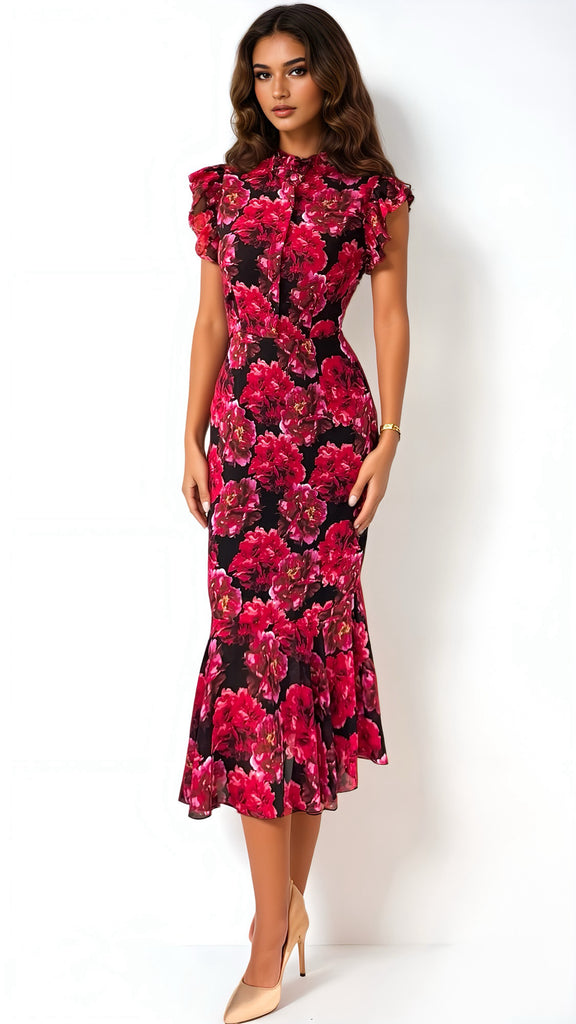 5-A2568 Hannah Floral Frill Sleeve Dress