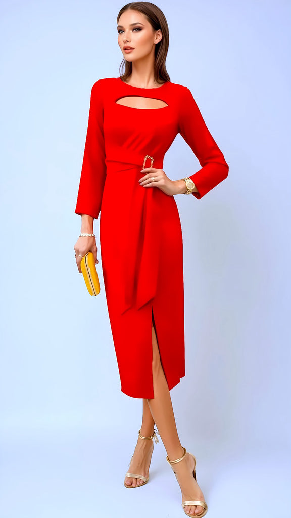 A2795 Leary Red Keyhole Neckline Dress