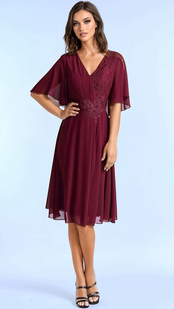 A2790 Burgundy Cape Applique Dress