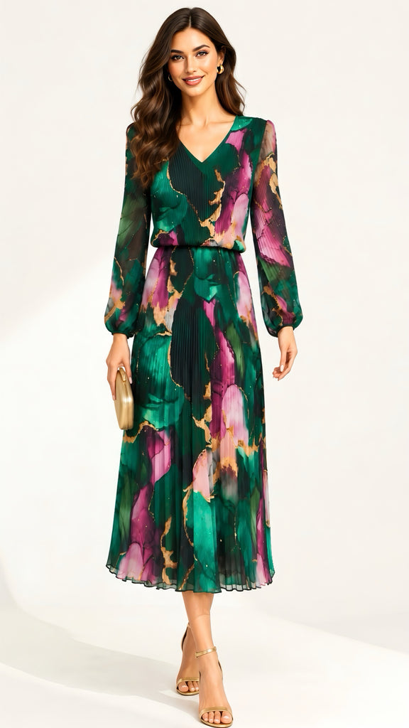 A3309 Marylou Green Print Loose Top Dress